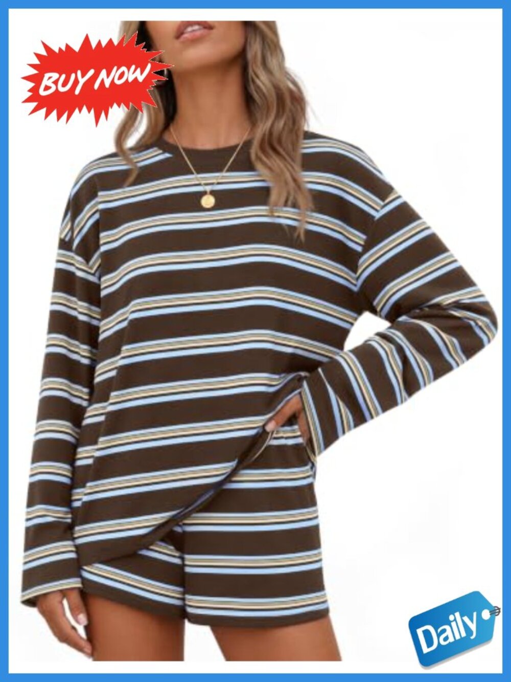 2 Piece Lounge Set Striped Shorts Long Sleeve Oversized